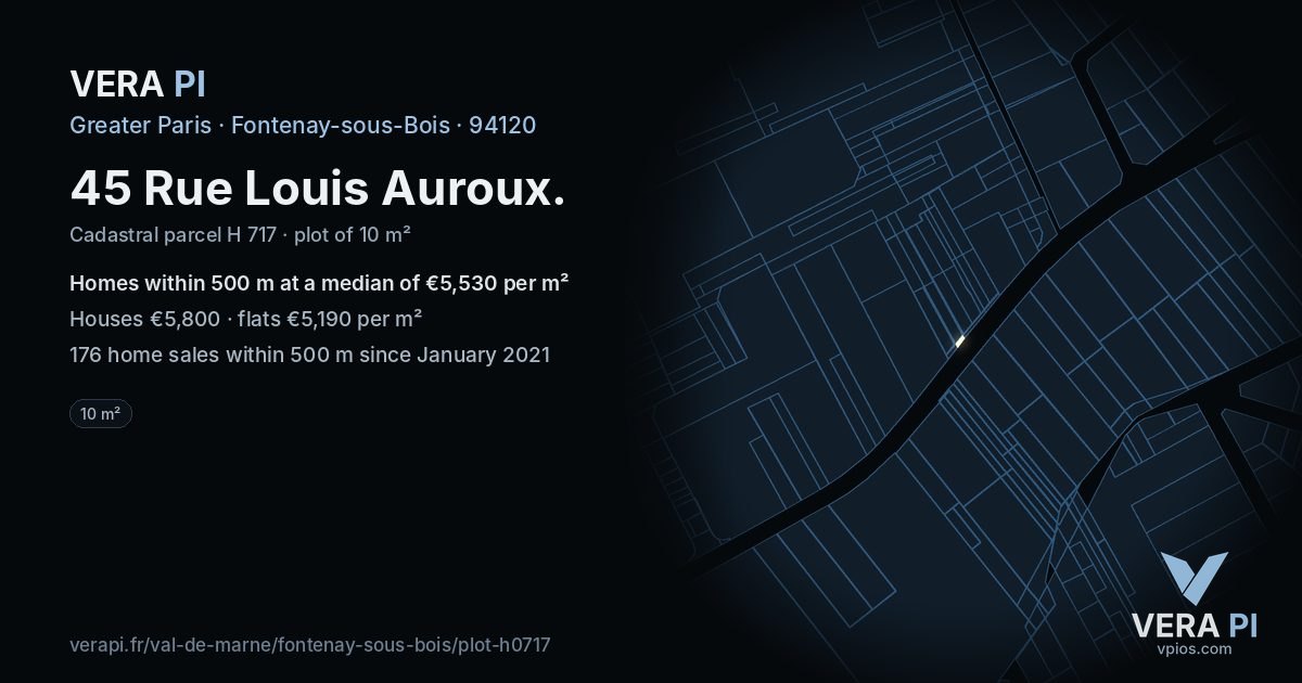 45 Rue Louis Auroux, Fontenay-sous-Bois at night – the plot lit, the parcels around coloured by the prices near them