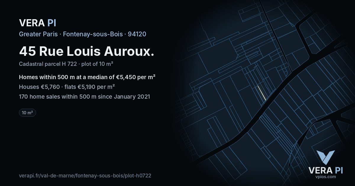 45 Rue Louis Auroux, Fontenay-sous-Bois at night – the plot lit, the parcels around coloured by the prices near them