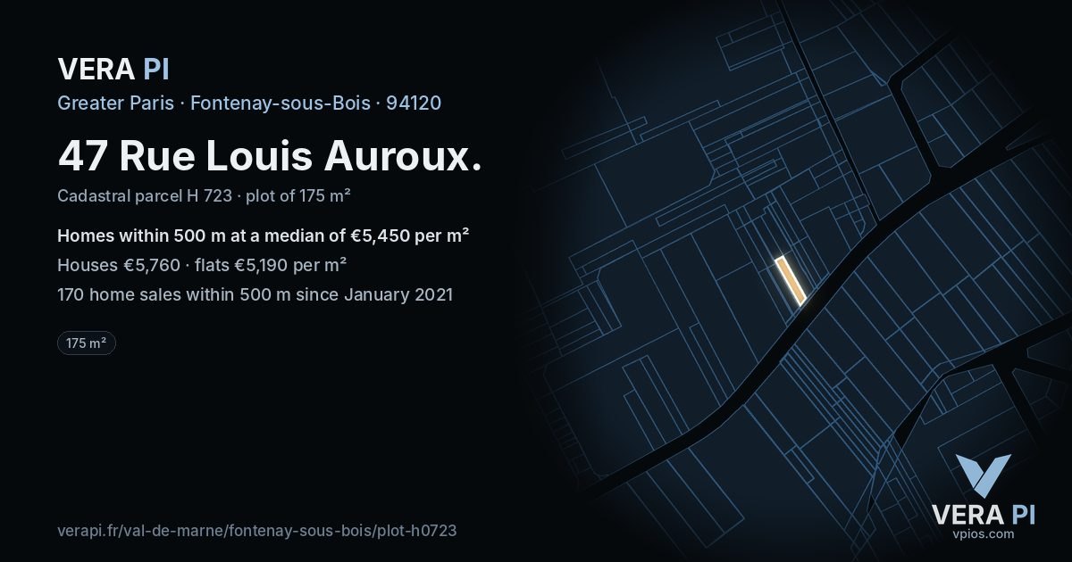 47 Rue Louis Auroux, Fontenay-sous-Bois at night – the plot lit, the parcels around coloured by the prices near them