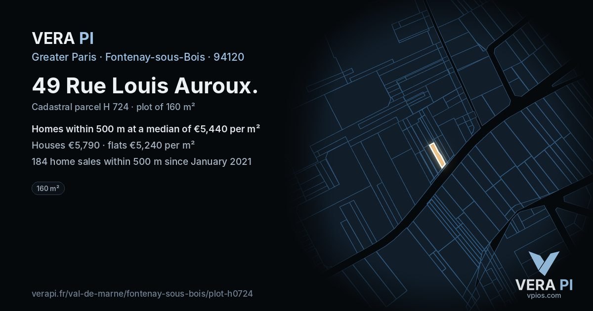 49 Rue Louis Auroux, Fontenay-sous-Bois at night – the plot lit, the parcels around coloured by the prices near them