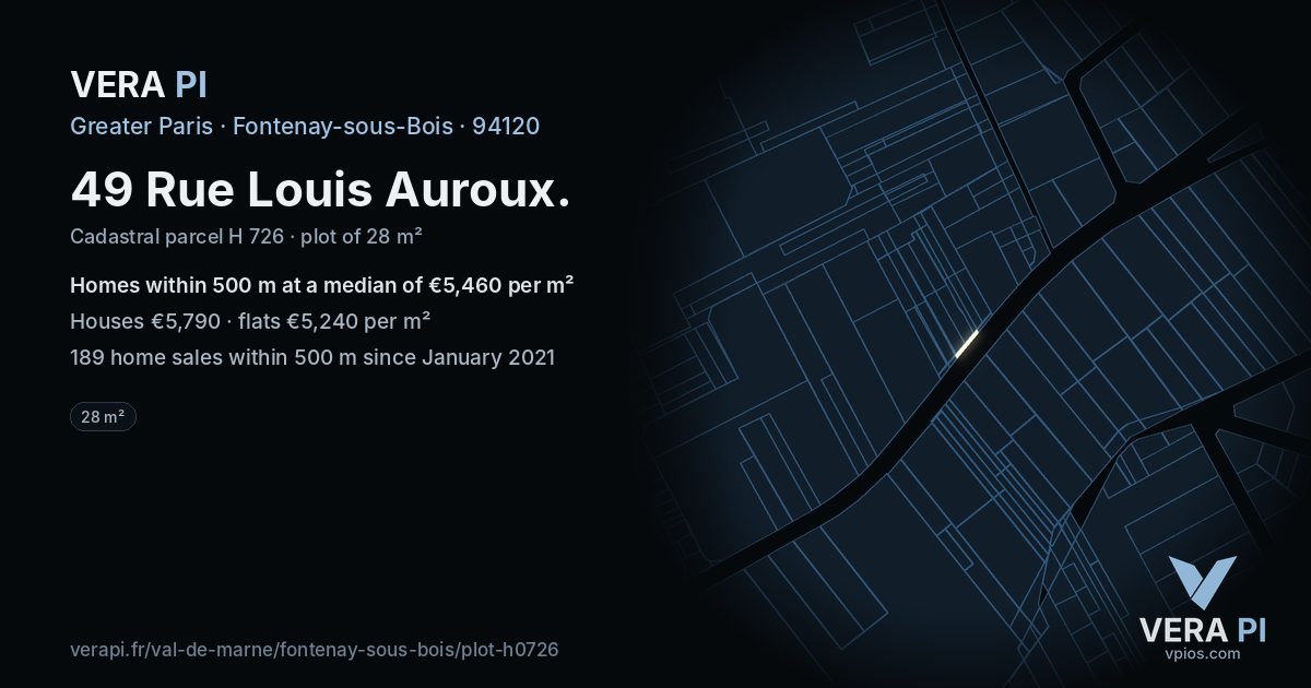 49 Rue Louis Auroux, Fontenay-sous-Bois at night – the plot lit, the parcels around coloured by the prices near them