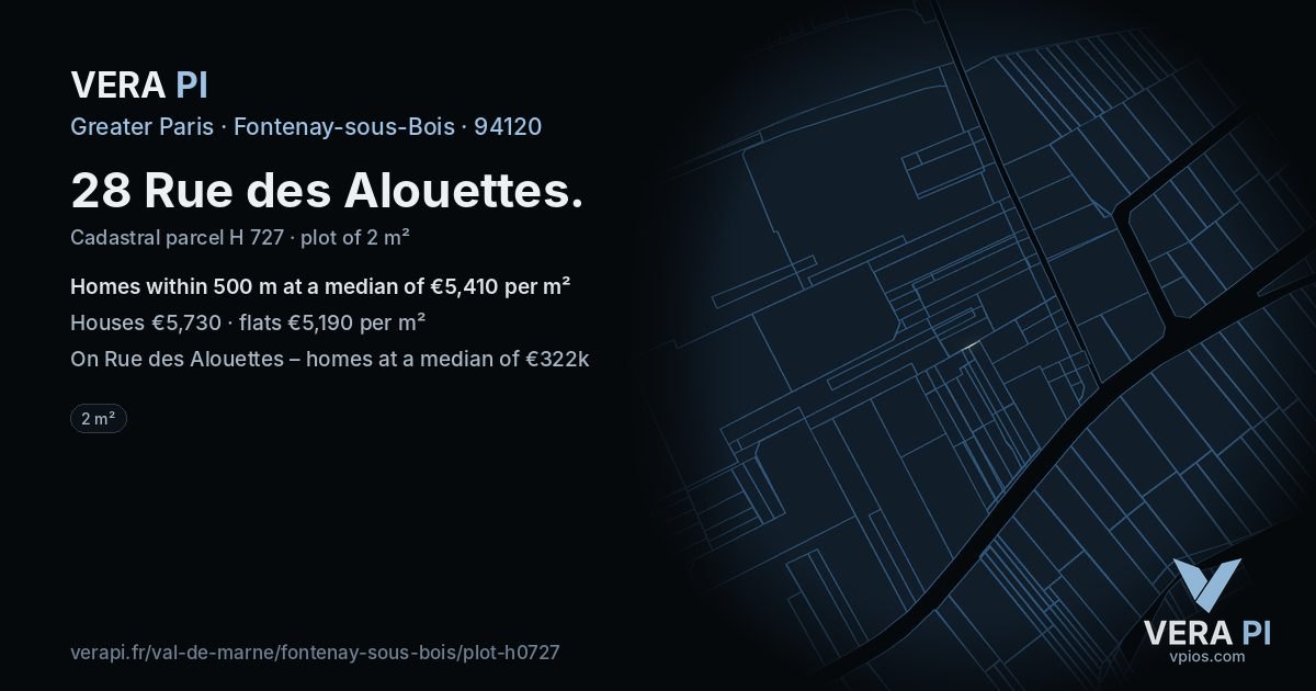 28 Rue des Alouettes, Fontenay-sous-Bois at night – the plot lit, the parcels around coloured by the prices near them