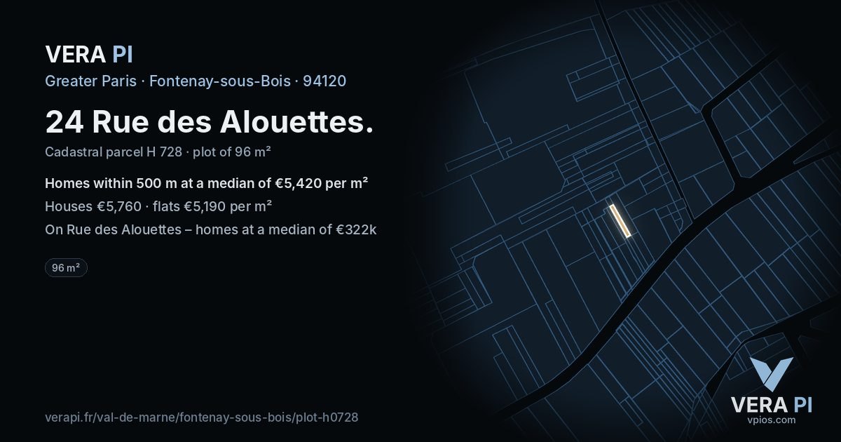 24 Rue des Alouettes, Fontenay-sous-Bois at night – the plot lit, the parcels around coloured by the prices near them