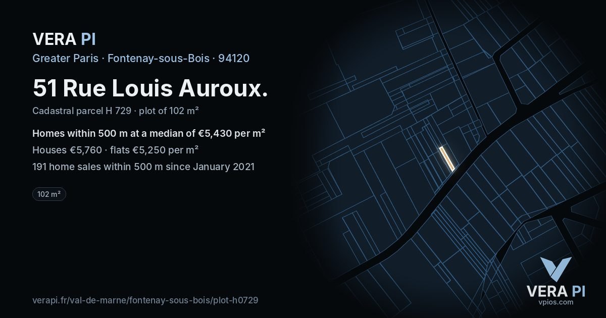 51 Rue Louis Auroux, Fontenay-sous-Bois at night – the plot lit, the parcels around coloured by the prices near them
