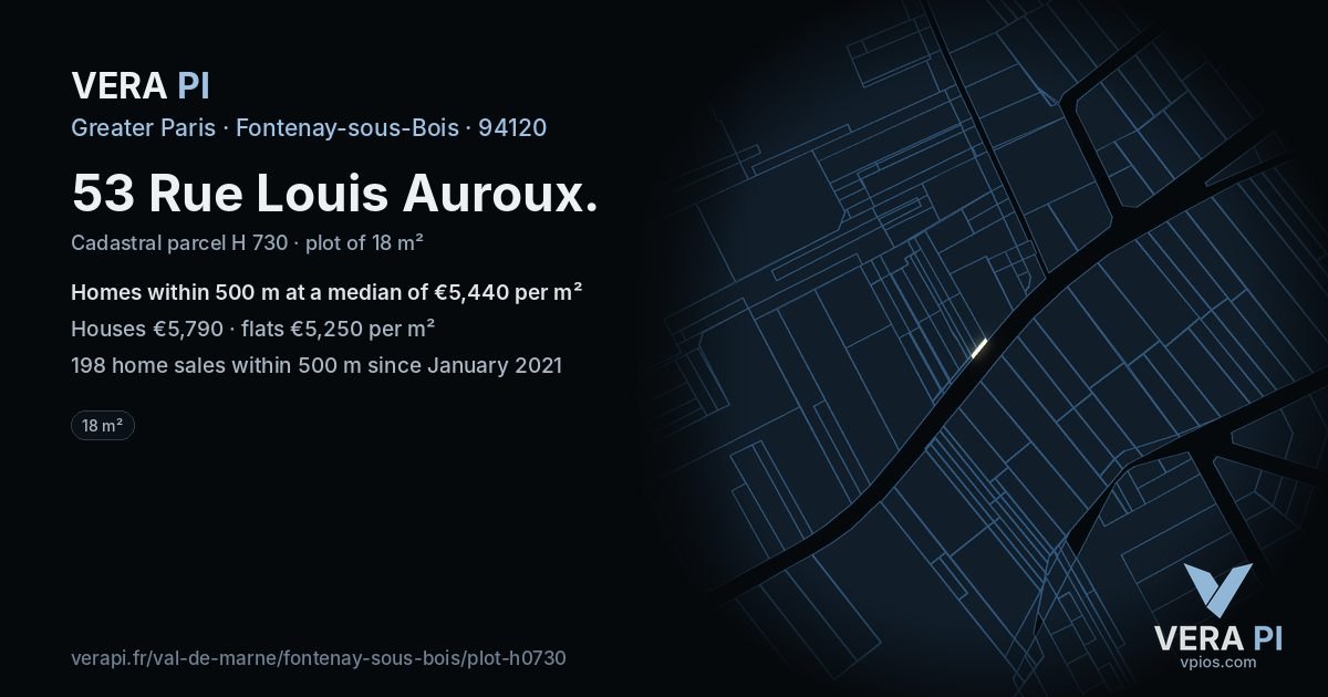 53 Rue Louis Auroux, Fontenay-sous-Bois at night – the plot lit, the parcels around coloured by the prices near them