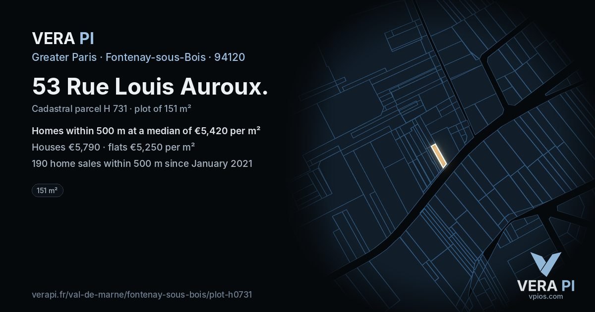 53 Rue Louis Auroux, Fontenay-sous-Bois at night – the plot lit, the parcels around coloured by the prices near them