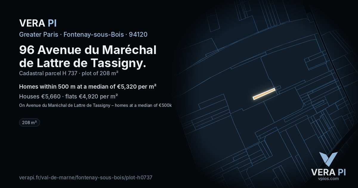 96 Avenue du Maréchal de Lattre de Tassigny, Fontenay-sous-Bois at night – the plot lit, the parcels around coloured by the prices near them