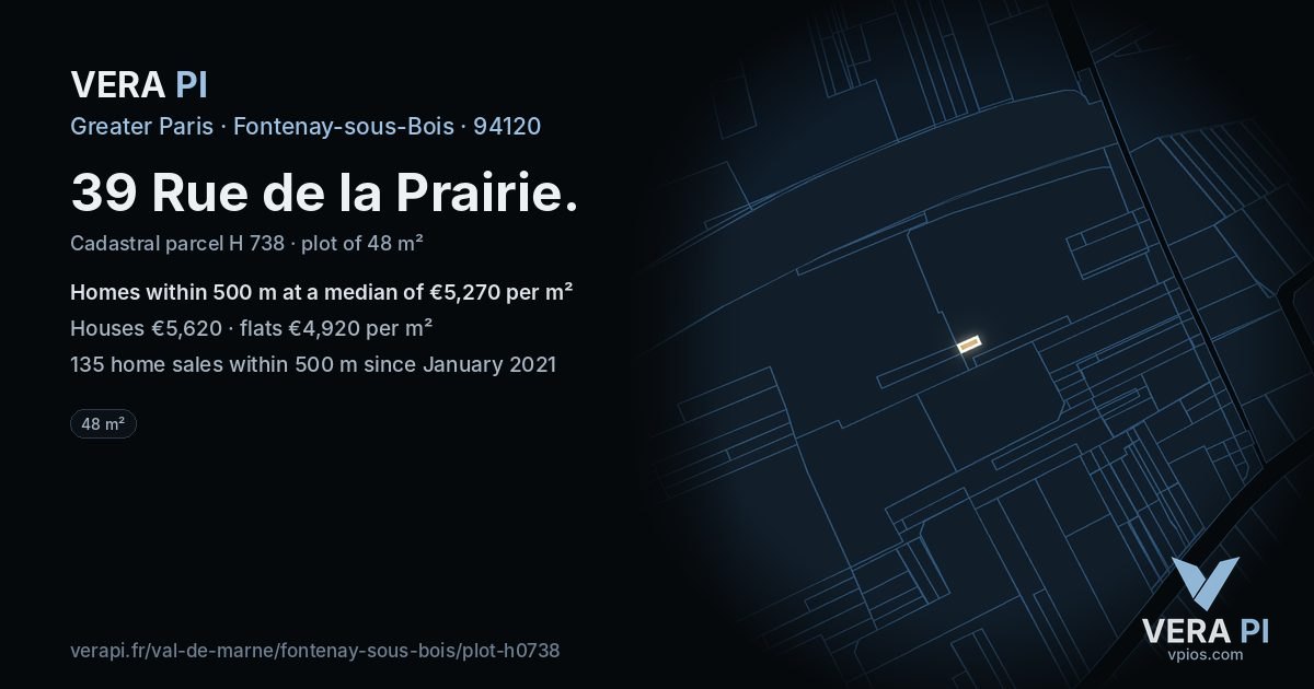 39 Rue de la Prairie, Fontenay-sous-Bois at night – the plot lit, the parcels around coloured by the prices near them