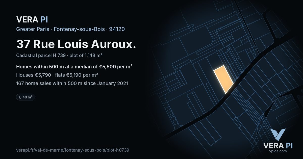 37 Rue Louis Auroux, Fontenay-sous-Bois at night – the plot lit, the parcels around coloured by the prices near them