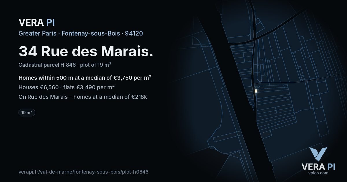 34 Rue des Marais, Fontenay-sous-Bois at night – the plot lit, the parcels around coloured by the prices near them