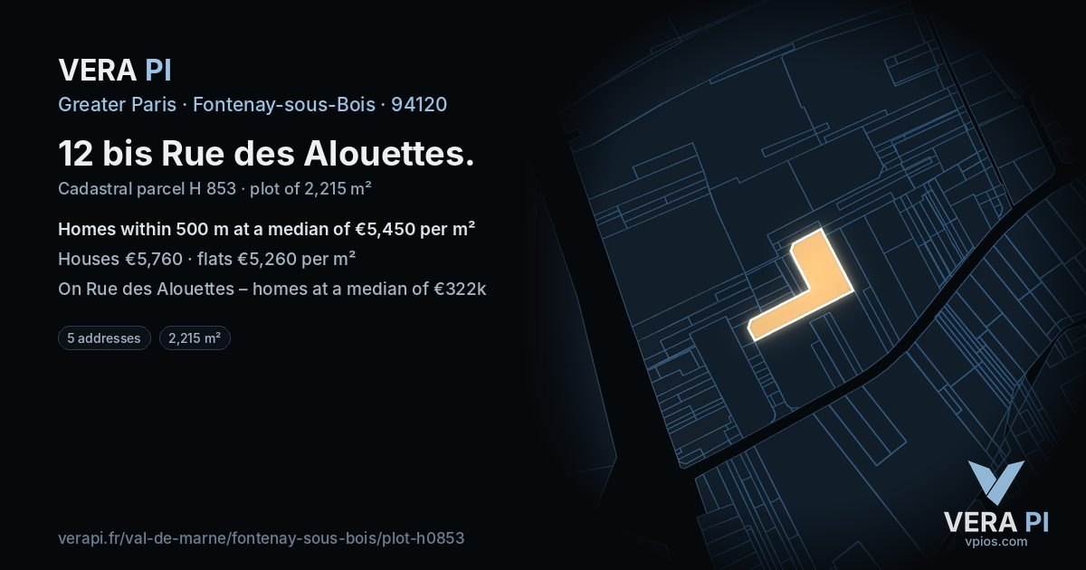 12 bis Rue des Alouettes, Fontenay-sous-Bois at night – the plot lit, the parcels around coloured by the prices near them