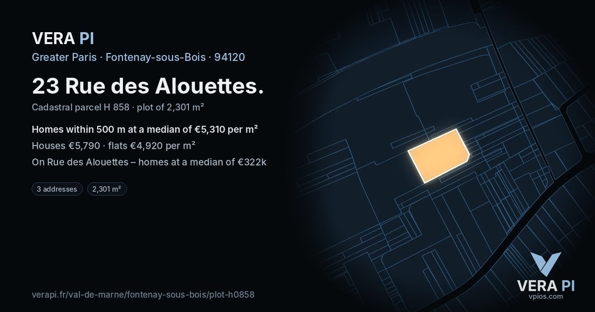 23 Rue des Alouettes, Fontenay-sous-Bois at night – the plot lit, the parcels around coloured by the prices near them