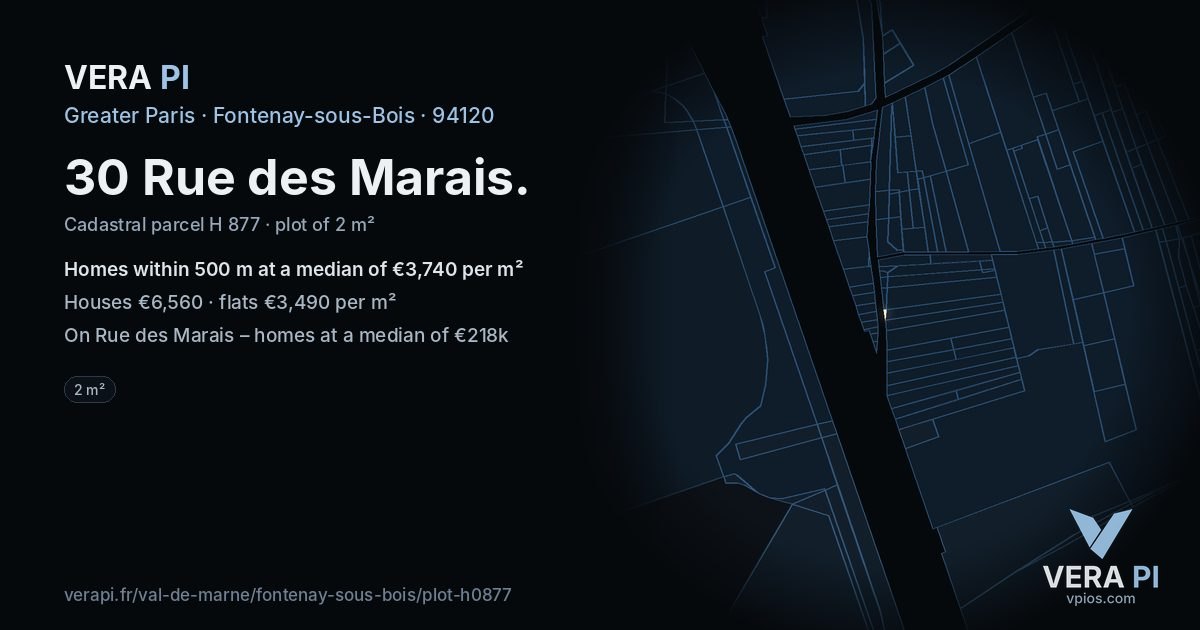30 Rue des Marais, Fontenay-sous-Bois at night – the plot lit, the parcels around coloured by the prices near them