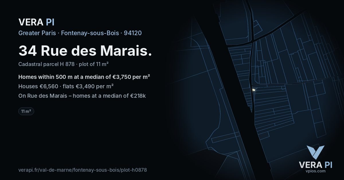 34 Rue des Marais, Fontenay-sous-Bois at night – the plot lit, the parcels around coloured by the prices near them