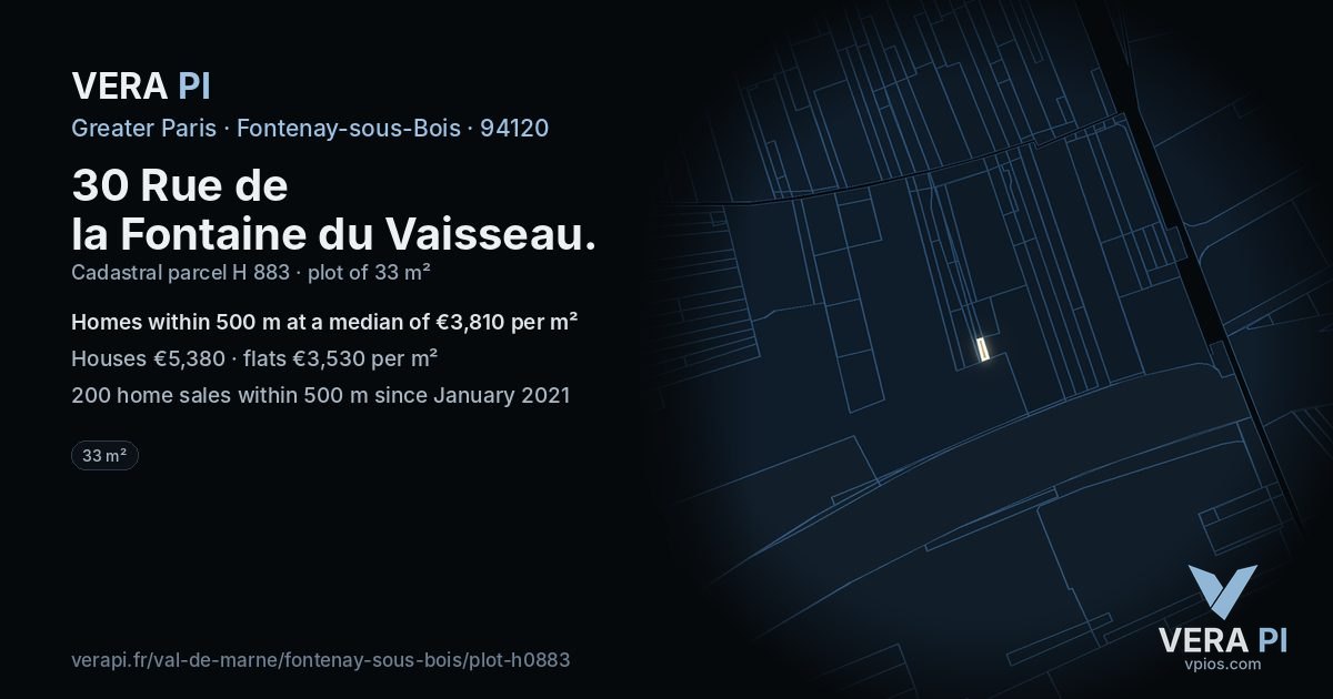 30 Rue de la Fontaine du Vaisseau, Fontenay-sous-Bois at night – the plot lit, the parcels around coloured by the prices near them