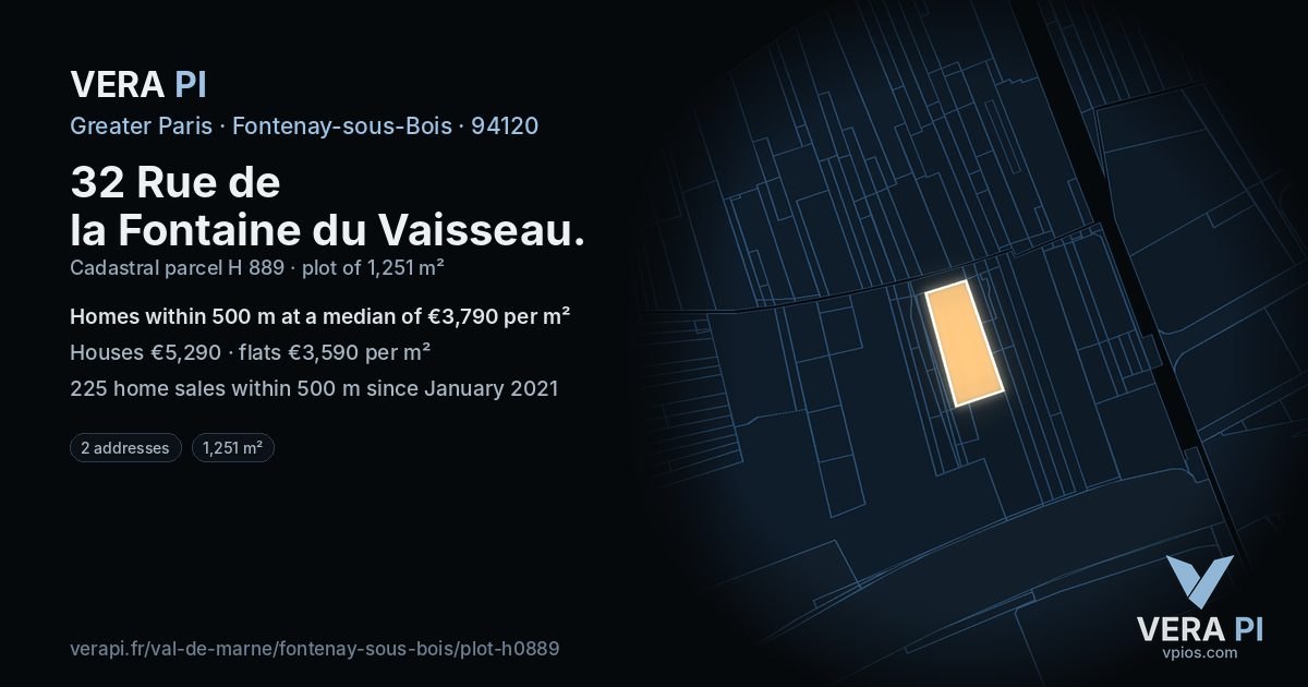 32 Rue de la Fontaine du Vaisseau, Fontenay-sous-Bois at night – the plot lit, the parcels around coloured by the prices near them