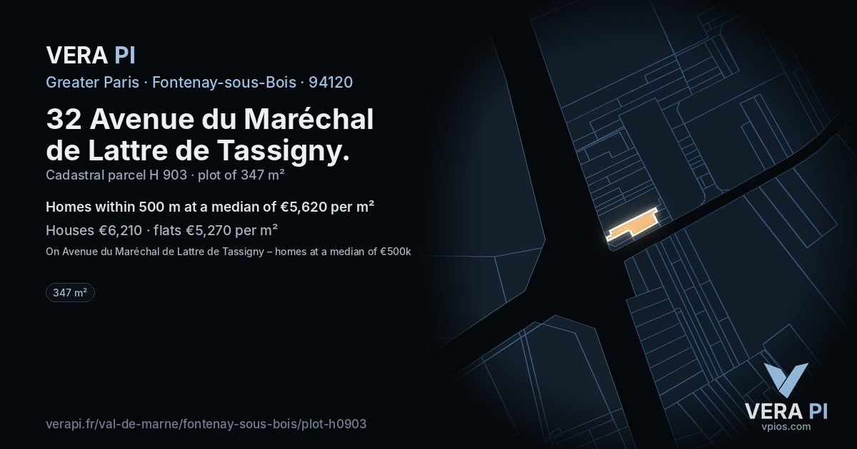 32 Avenue du Maréchal de Lattre de Tassigny, Fontenay-sous-Bois at night – the plot lit, the parcels around coloured by the prices near them