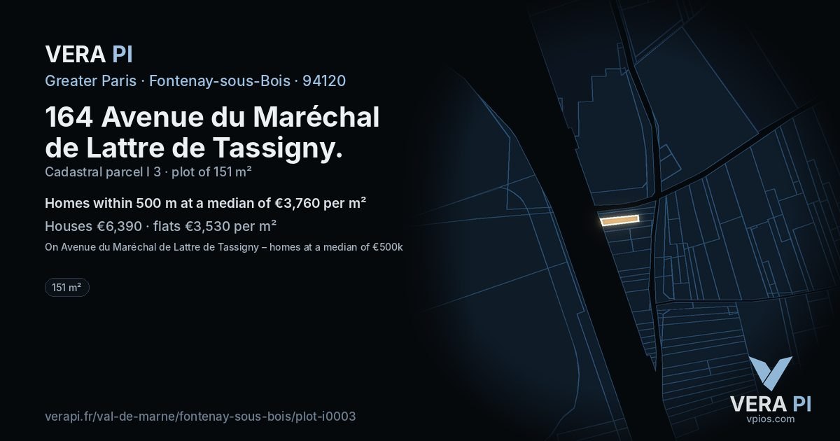 164 Avenue du Maréchal de Lattre de Tassigny, Fontenay-sous-Bois at night – the plot lit, the parcels around coloured by the prices near them