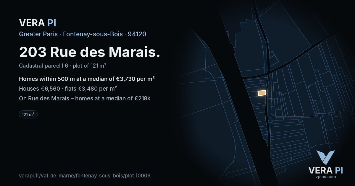 203 Rue des Marais, Fontenay-sous-Bois at night – the plot lit, the parcels around coloured by the prices near them