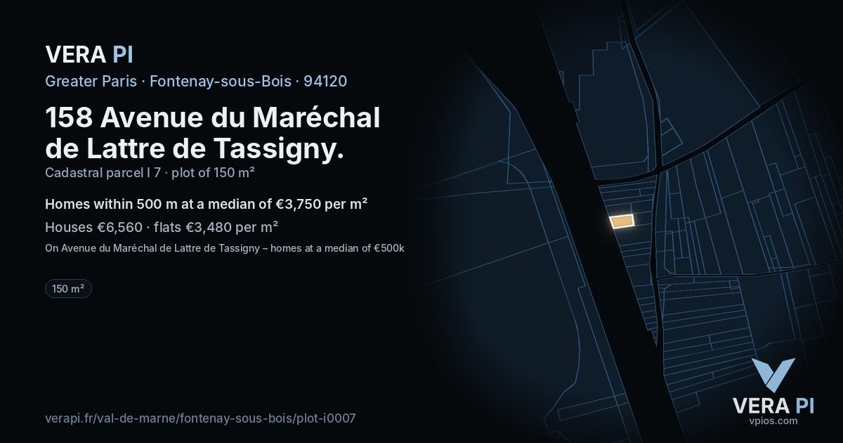 158 Avenue du Maréchal de Lattre de Tassigny, Fontenay-sous-Bois at night – the plot lit, the parcels around coloured by the prices near them