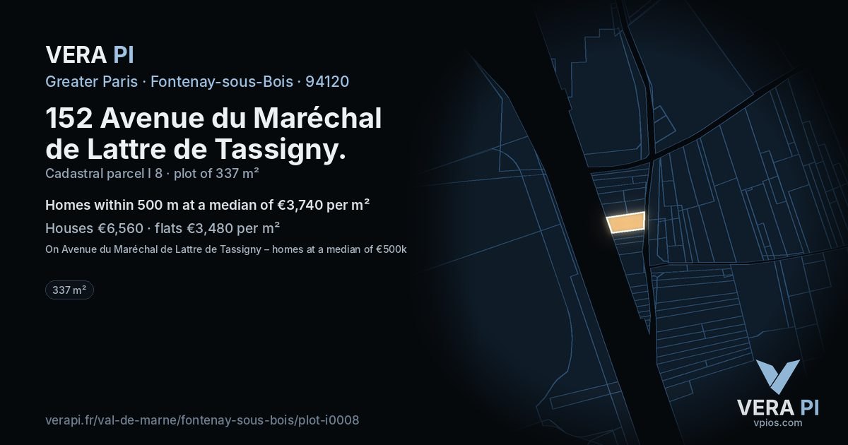 152 Avenue du Maréchal de Lattre de Tassigny, Fontenay-sous-Bois at night – the plot lit, the parcels around coloured by the prices near them
