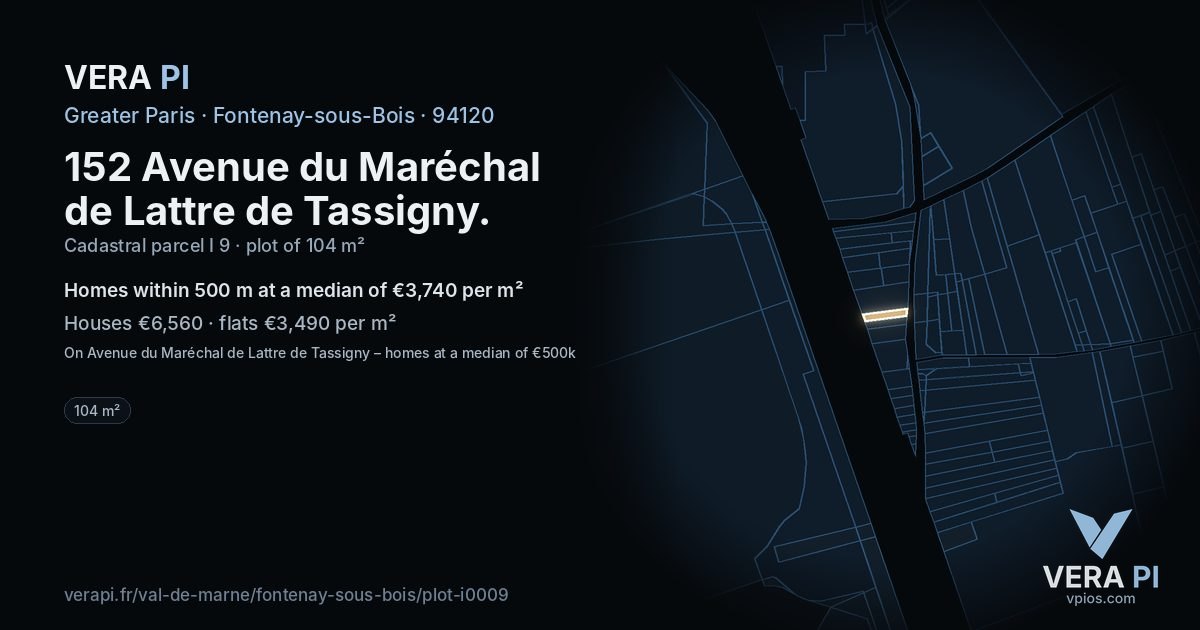 152 Avenue du Maréchal de Lattre de Tassigny, Fontenay-sous-Bois at night – the plot lit, the parcels around coloured by the prices near them