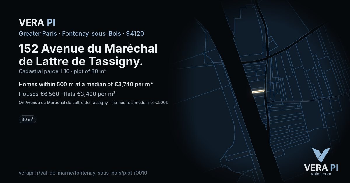 152 Avenue du Maréchal de Lattre de Tassigny, Fontenay-sous-Bois at night – the plot lit, the parcels around coloured by the prices near them