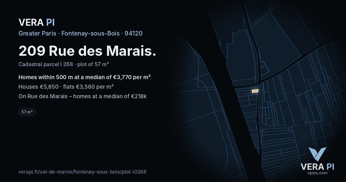 209 Rue des Marais, Fontenay-sous-Bois at night – the plot lit, the parcels around coloured by the prices near them