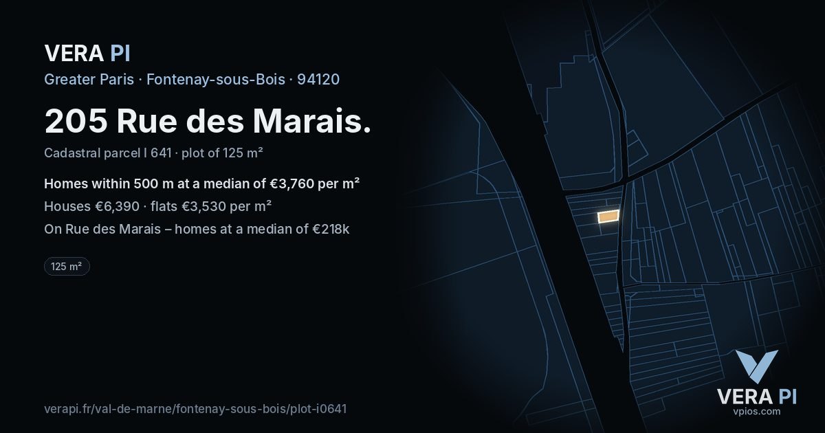 205 Rue des Marais, Fontenay-sous-Bois at night – the plot lit, the parcels around coloured by the prices near them