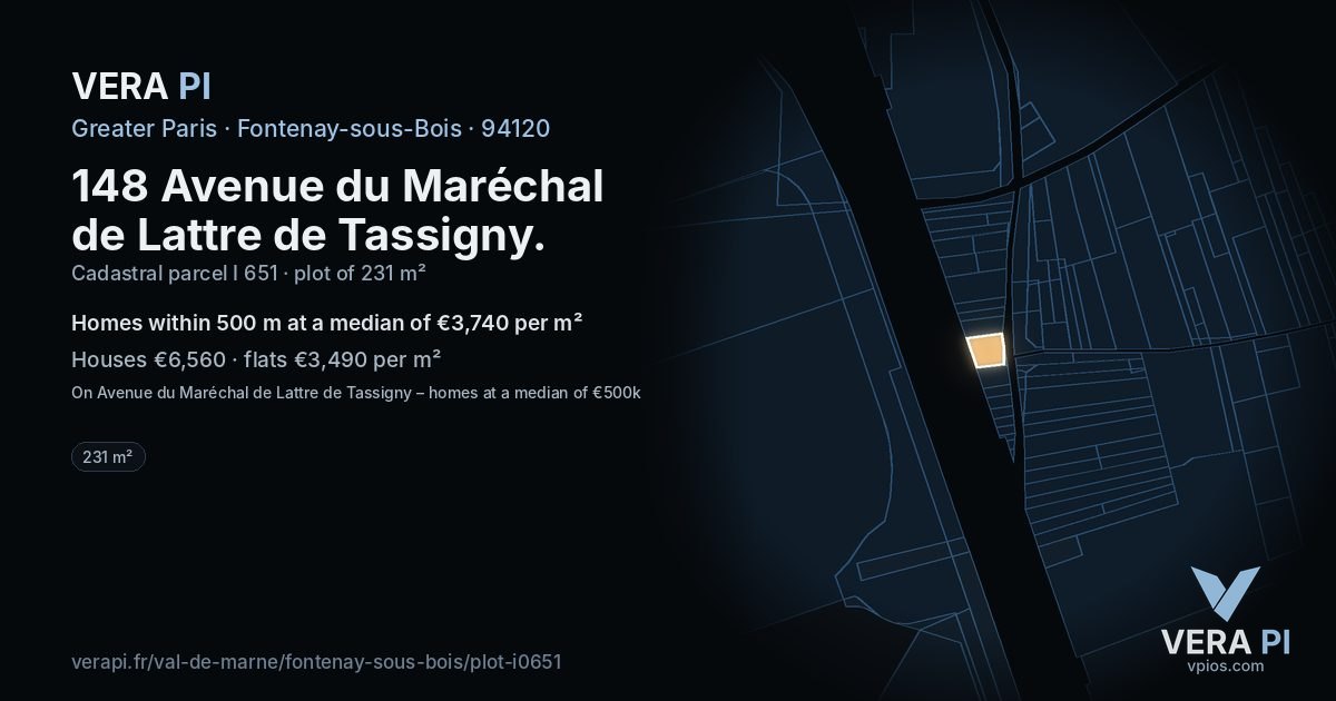 148 Avenue du Maréchal de Lattre de Tassigny, Fontenay-sous-Bois at night – the plot lit, the parcels around coloured by the prices near them