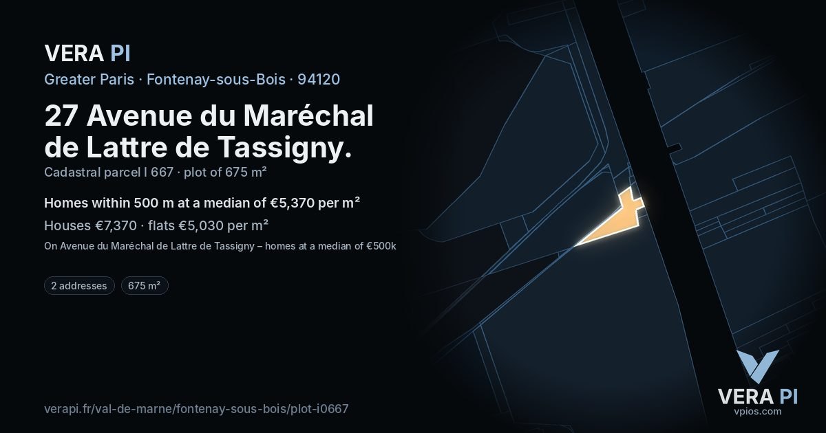 27 Avenue du Maréchal de Lattre de Tassigny, Fontenay-sous-Bois at night – the plot lit, the parcels around coloured by the prices near them