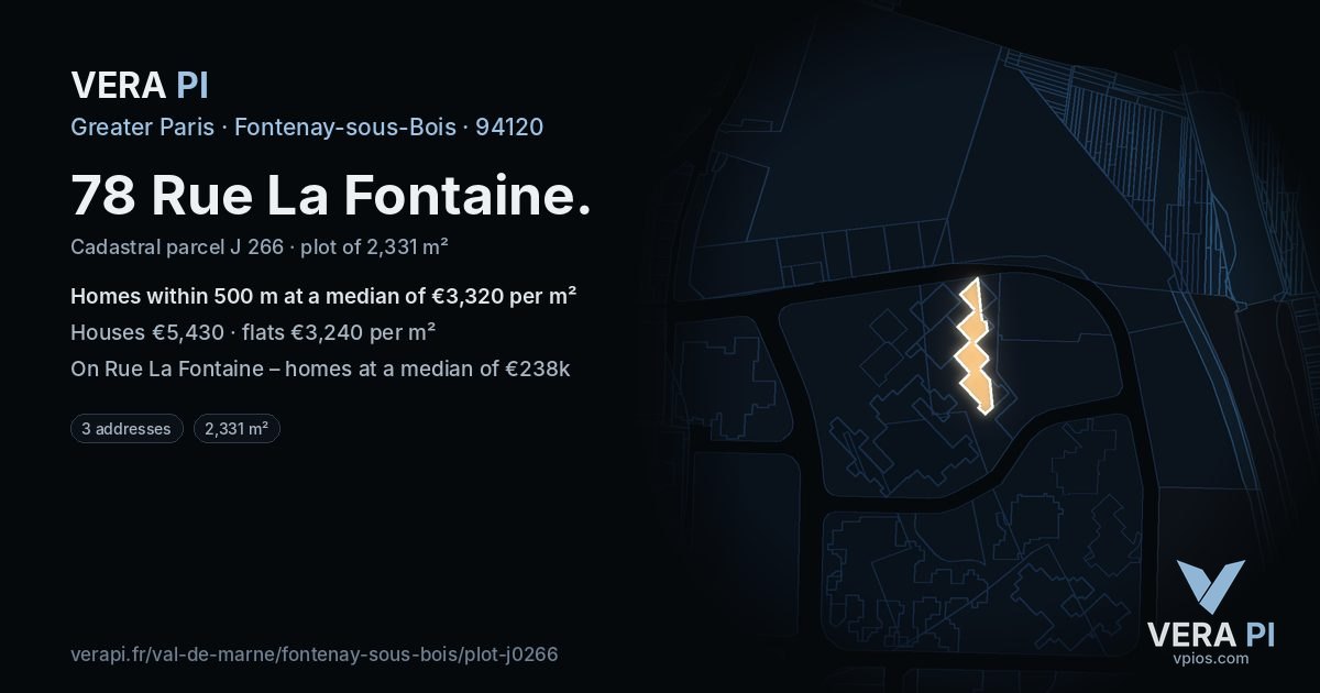78 Rue La Fontaine, Fontenay-sous-Bois at night – the plot lit, the parcels around coloured by the prices near them