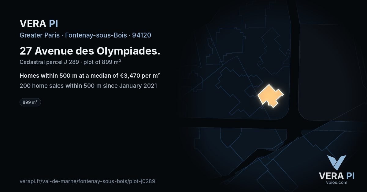 27 Avenue des Olympiades, Fontenay-sous-Bois at night – the plot lit, the parcels around coloured by the prices near them