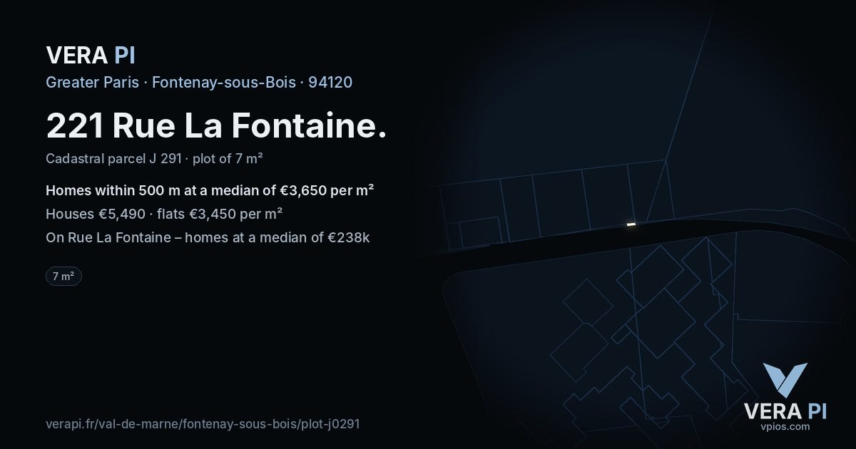 221 Rue La Fontaine, Fontenay-sous-Bois at night – the plot lit, the parcels around coloured by the prices near them