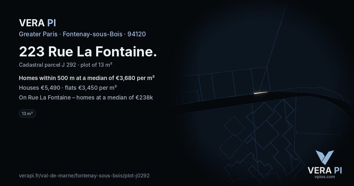 223 Rue La Fontaine, Fontenay-sous-Bois at night – the plot lit, the parcels around coloured by the prices near them