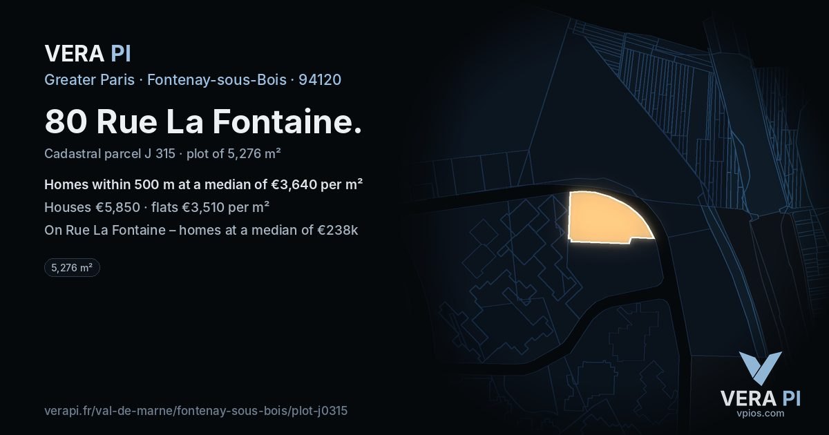 80 Rue La Fontaine, Fontenay-sous-Bois at night – the plot lit, the parcels around coloured by the prices near them