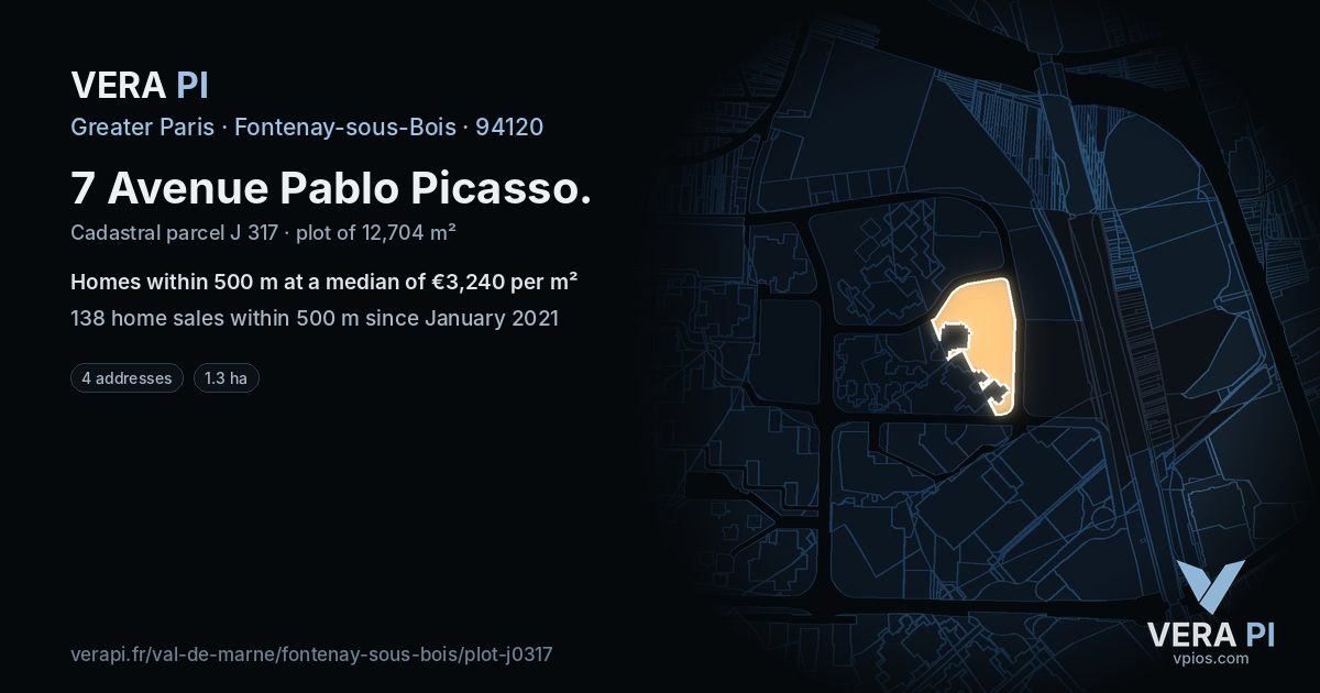 7 Avenue Pablo Picasso, Fontenay-sous-Bois at night – the plot lit, the parcels around coloured by the prices near them