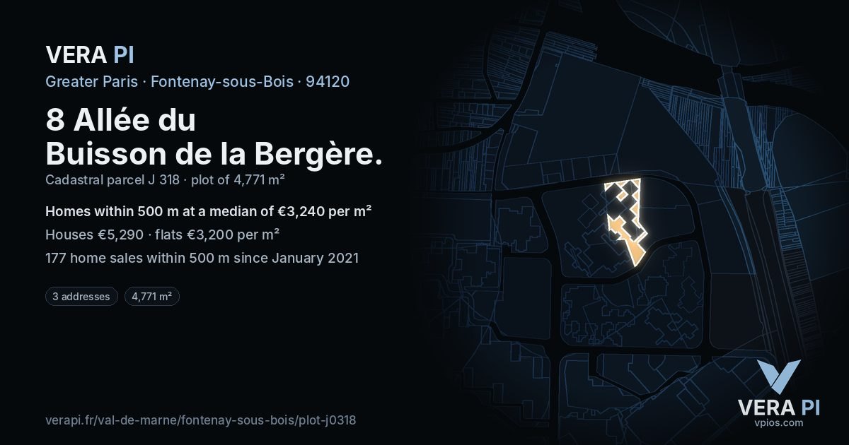 8 Allée du Buisson de la Bergère, Fontenay-sous-Bois at night – the plot lit, the parcels around coloured by the prices near them