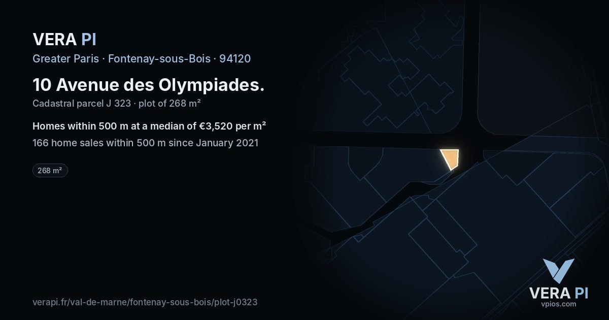 10 Avenue des Olympiades, Fontenay-sous-Bois at night – the plot lit, the parcels around coloured by the prices near them