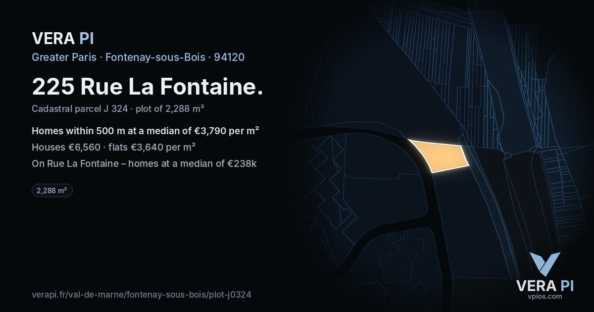 225 Rue La Fontaine, Fontenay-sous-Bois at night – the plot lit, the parcels around coloured by the prices near them