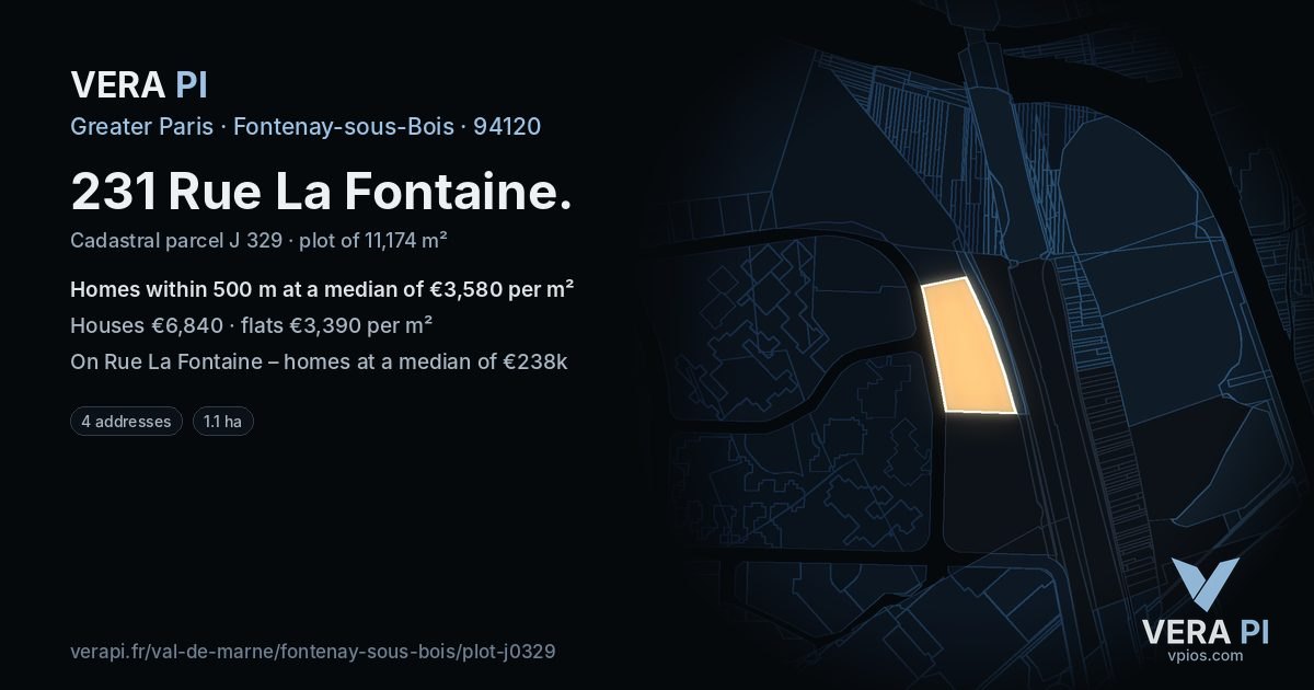 231 Rue La Fontaine, Fontenay-sous-Bois at night – the plot lit, the parcels around coloured by the prices near them