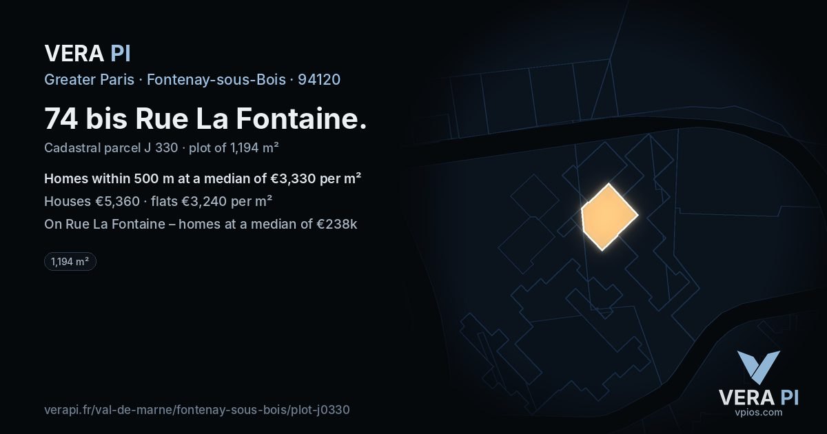 74 bis Rue La Fontaine, Fontenay-sous-Bois at night – the plot lit, the parcels around coloured by the prices near them