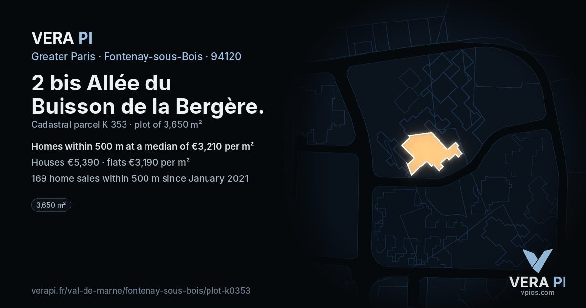 2 bis Allée du Buisson de la Bergère, Fontenay-sous-Bois at night – the plot lit, the parcels around coloured by the prices near them