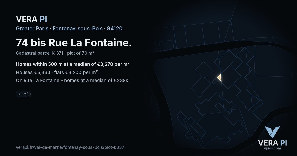 74 bis Rue La Fontaine, Fontenay-sous-Bois at night – the plot lit, the parcels around coloured by the prices near them