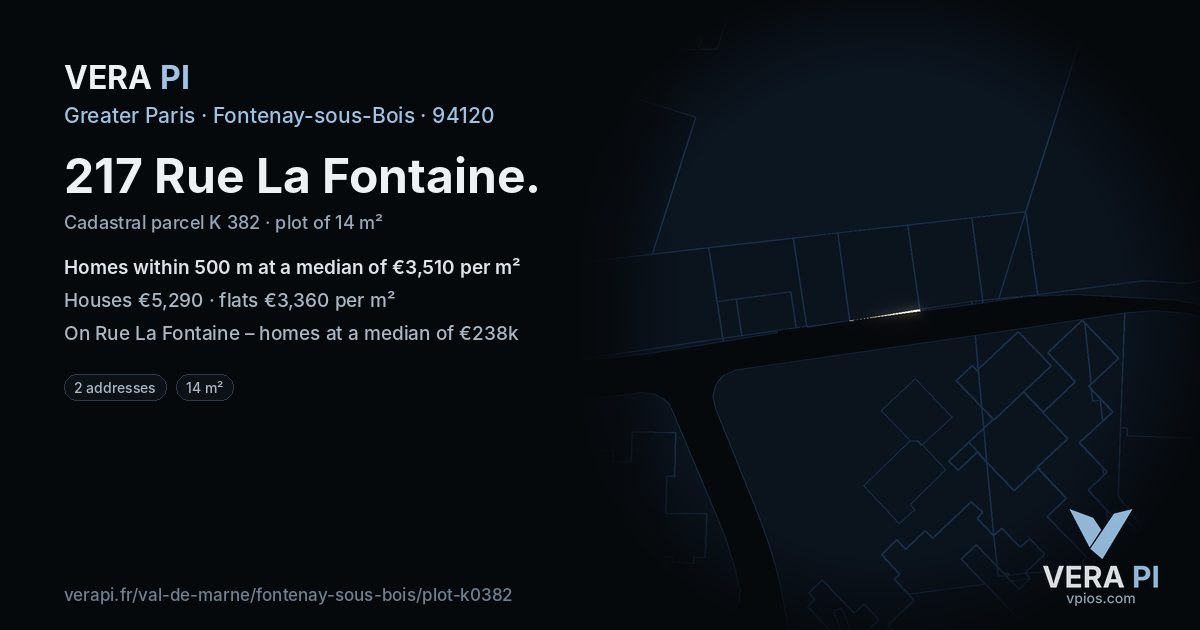 217 Rue La Fontaine, Fontenay-sous-Bois at night – the plot lit, the parcels around coloured by the prices near them