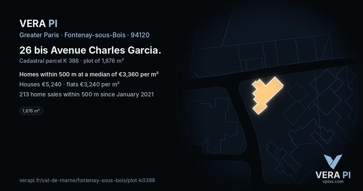 26 bis Avenue Charles Garcia, Fontenay-sous-Bois at night – the plot lit, the parcels around coloured by the prices near them