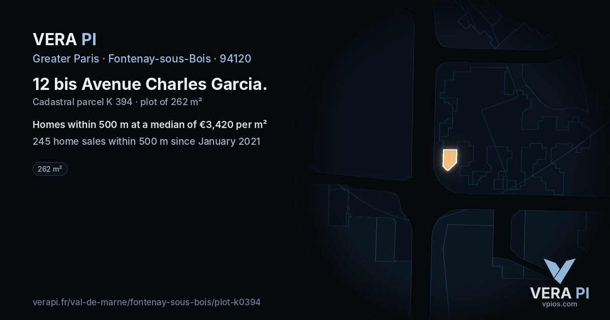 12 bis Avenue Charles Garcia, Fontenay-sous-Bois at night – the plot lit, the parcels around coloured by the prices near them