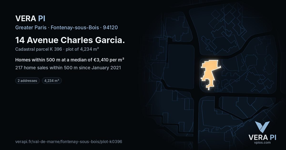 14 Avenue Charles Garcia, Fontenay-sous-Bois at night – the plot lit, the parcels around coloured by the prices near them