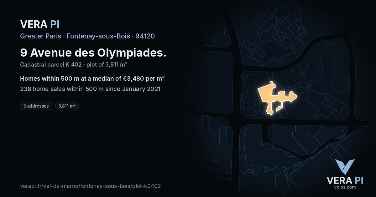 9 Avenue des Olympiades, Fontenay-sous-Bois at night – the plot lit, the parcels around coloured by the prices near them