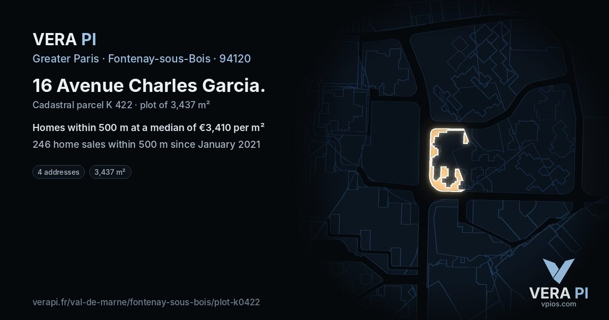 16 Avenue Charles Garcia, Fontenay-sous-Bois at night – the plot lit, the parcels around coloured by the prices near them